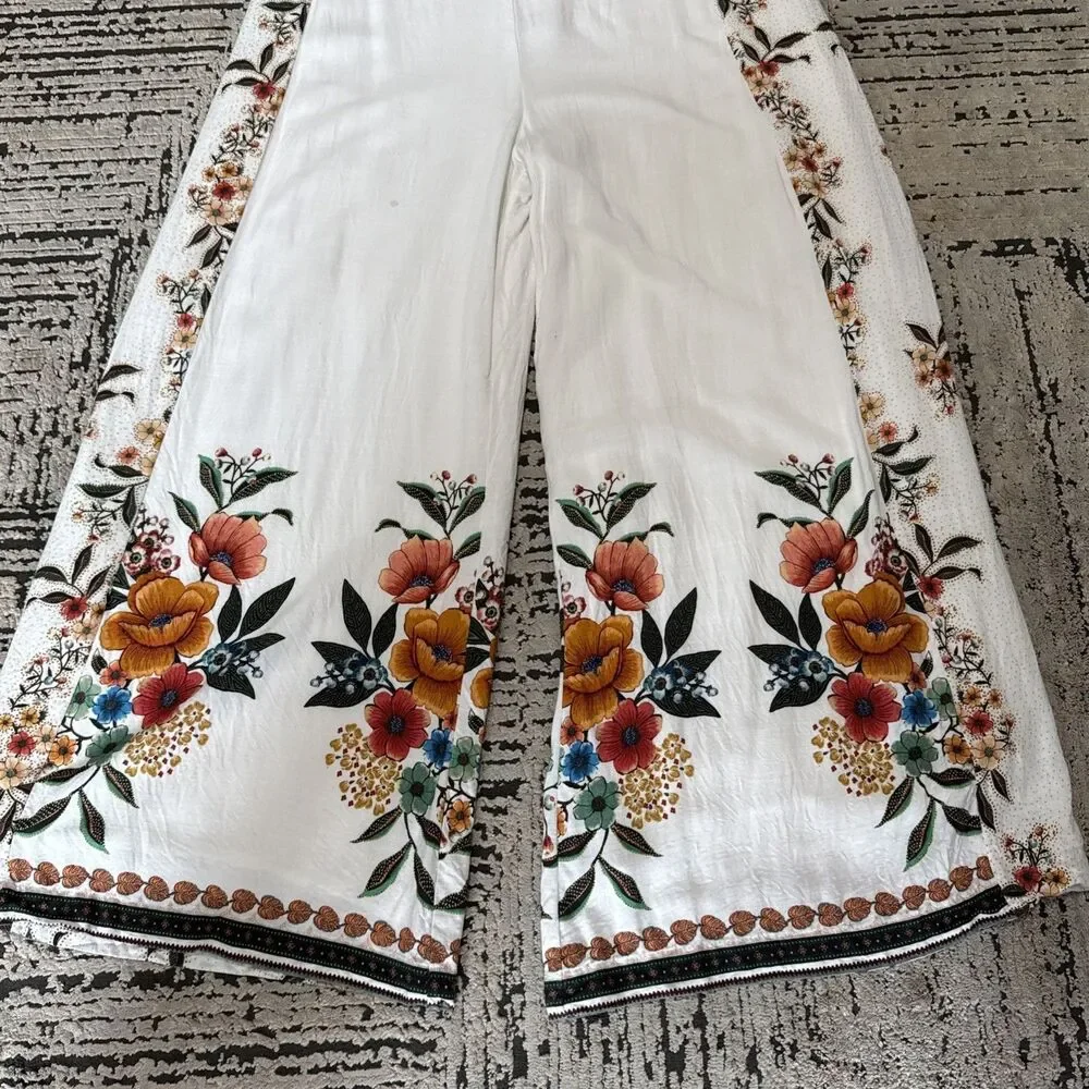 Farm Rio x Anthropologie Melila Floral Flared Pants Women’s Size Large Boho - Picture 12 of 15